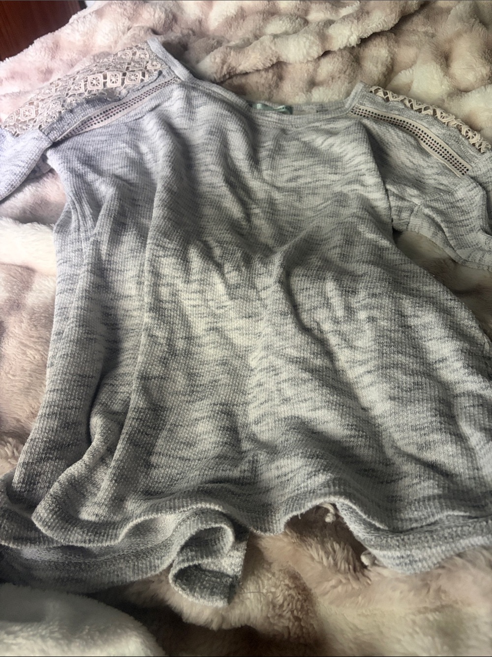 Maurices Heather Light Gray Lace-Trim Scoop Neck Sweater